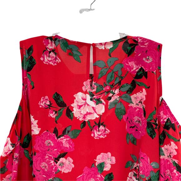 BELLE SKY Red Floral Cold Shoulder Long Bell Sleeve Loose Boho Blouse Top XXL - Picture 6 of 11